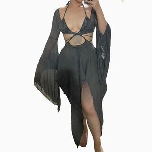 Dollskill Darker Wavs Echo Asymmetrical Mesh Wrap Dress - Charcoal Size S